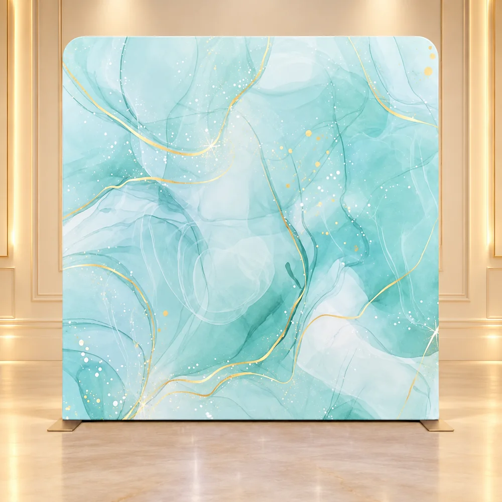 Aquamarine Veil premium photo booth backdrop displayed in a luxury showroom