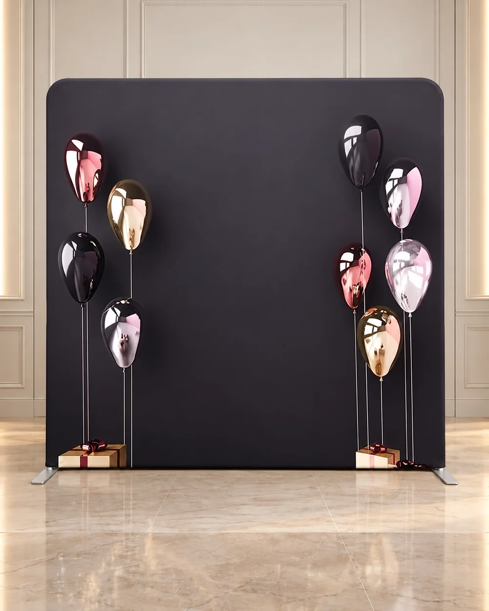 Balloon Noir premium photo booth backdrop displayed in a luxury showroom