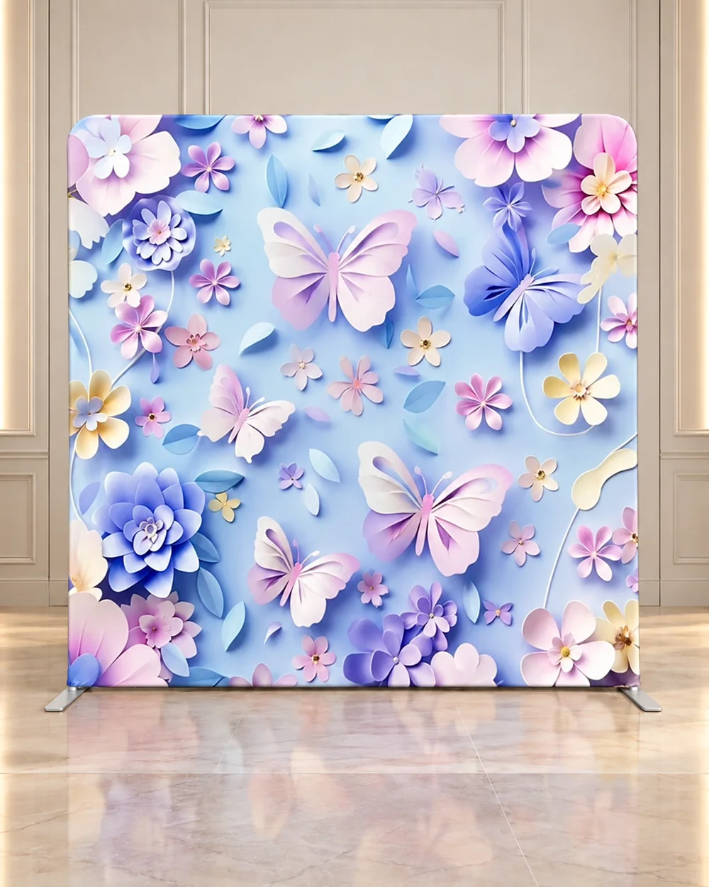 Butterfly Bloom premium photo booth backdrop displayed in a luxury showroom
