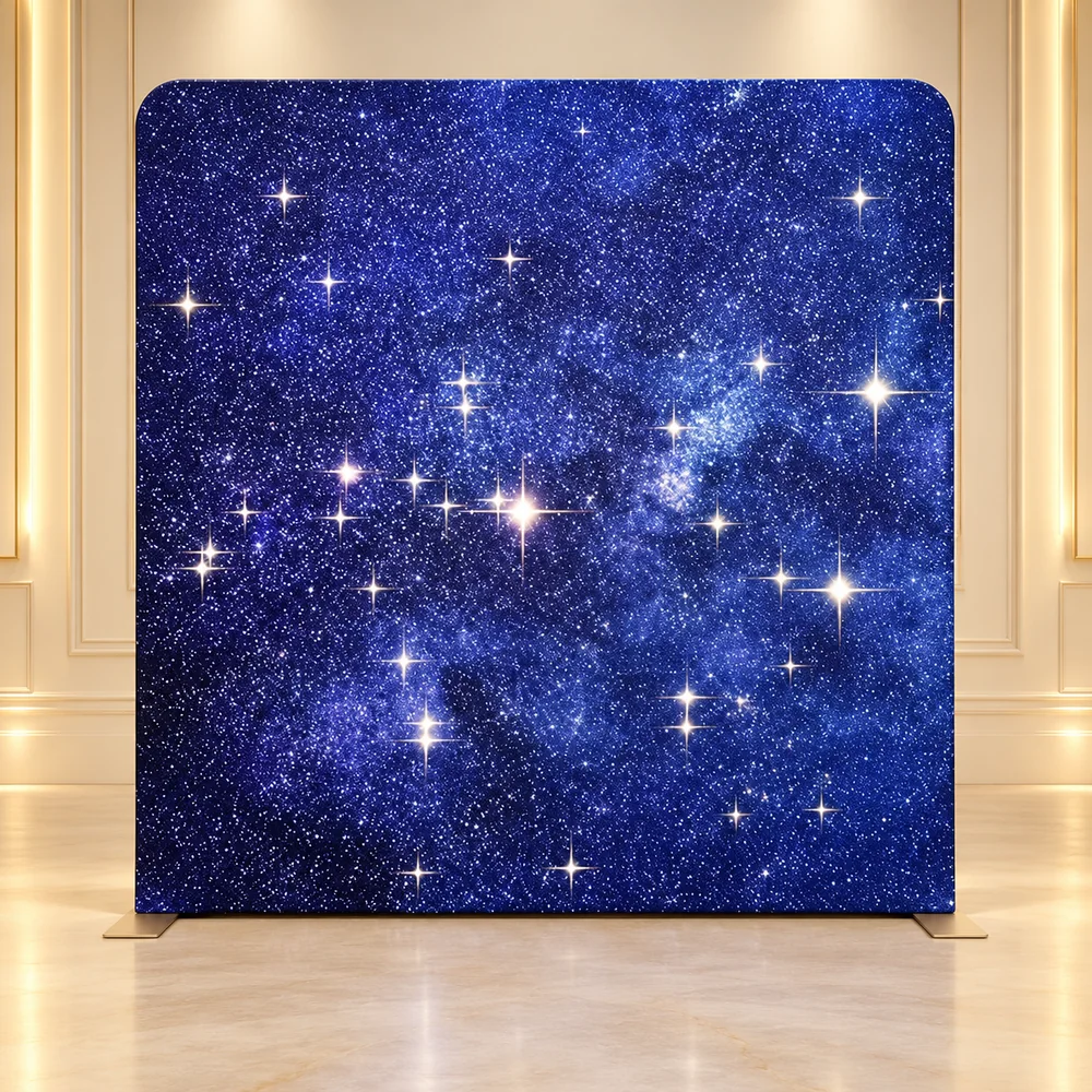 Celestial Night premium photo booth backdrop displayed in a luxury showroom