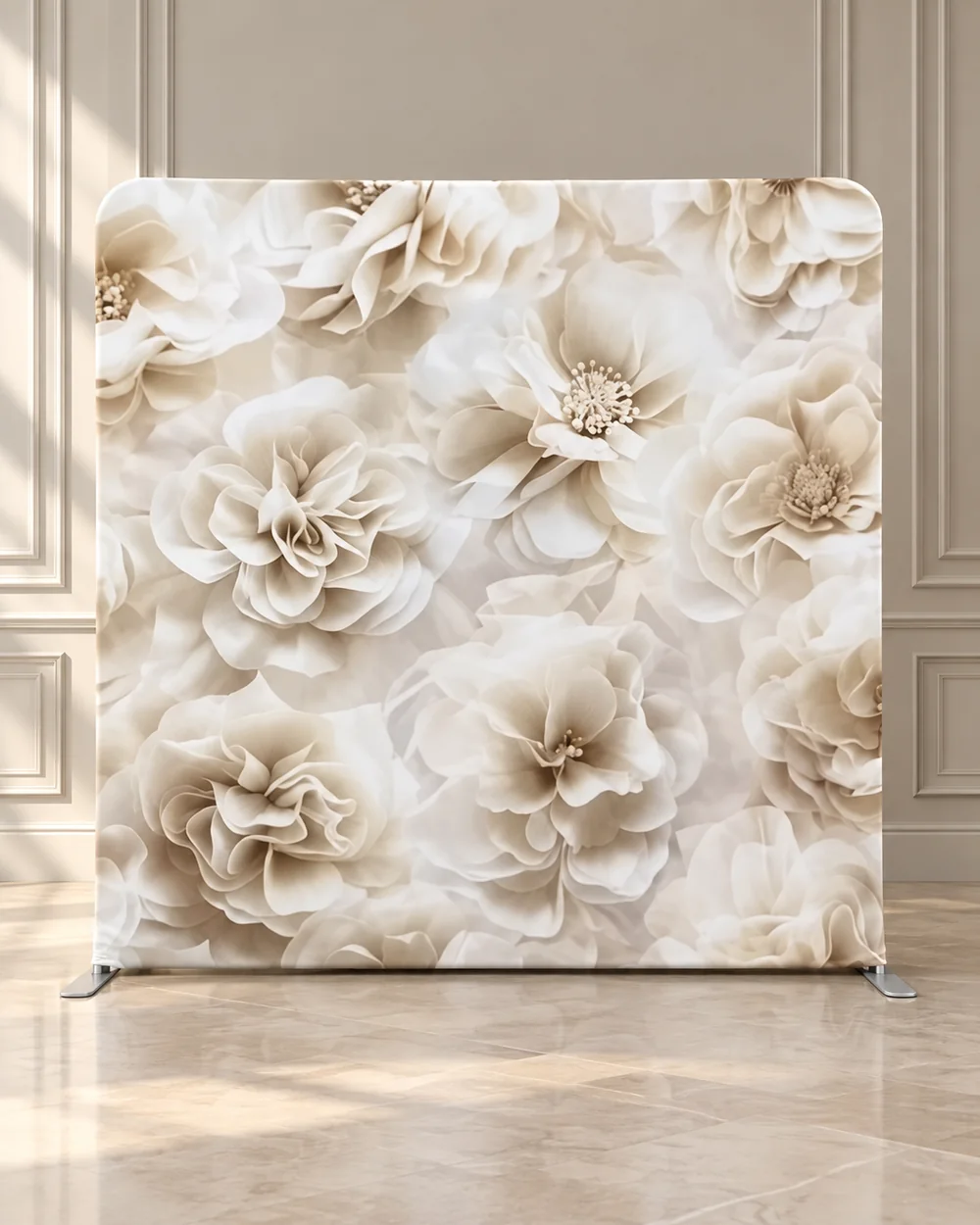 Cream Blossom premium photo booth backdrop displayed in a luxury showroom