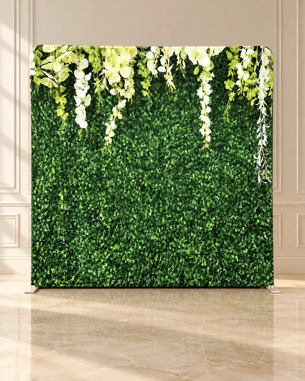 Emerald Wall premium photo booth backdrop displayed in a luxury showroom