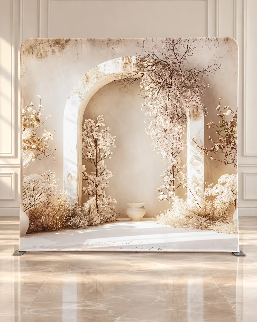 Ethereal Arch premium photo booth backdrop displayed in a luxury showroom