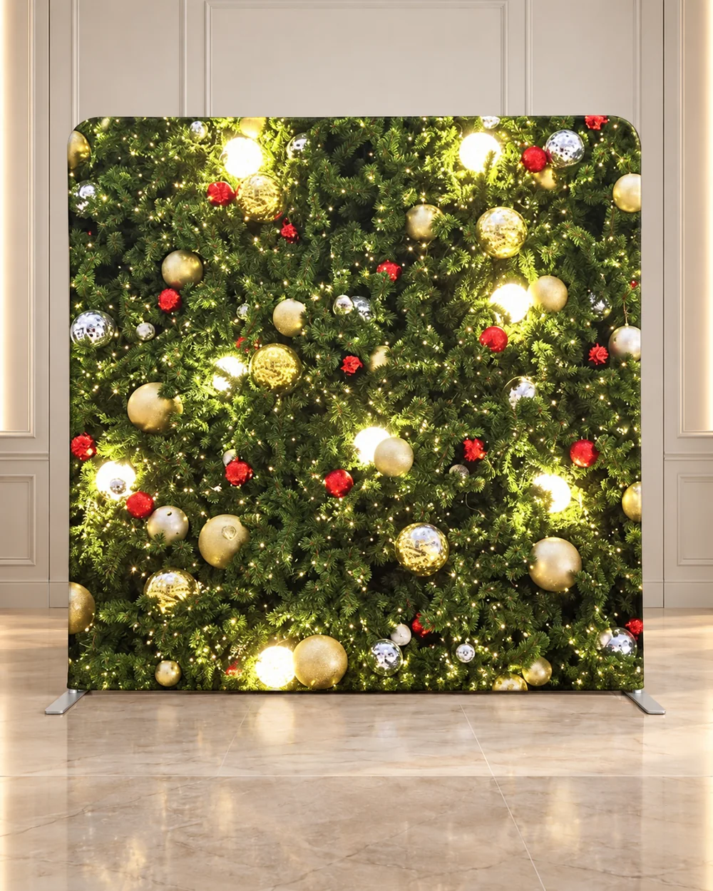 Evergreen Glow premium photo booth backdrop displayed in a luxury showroom