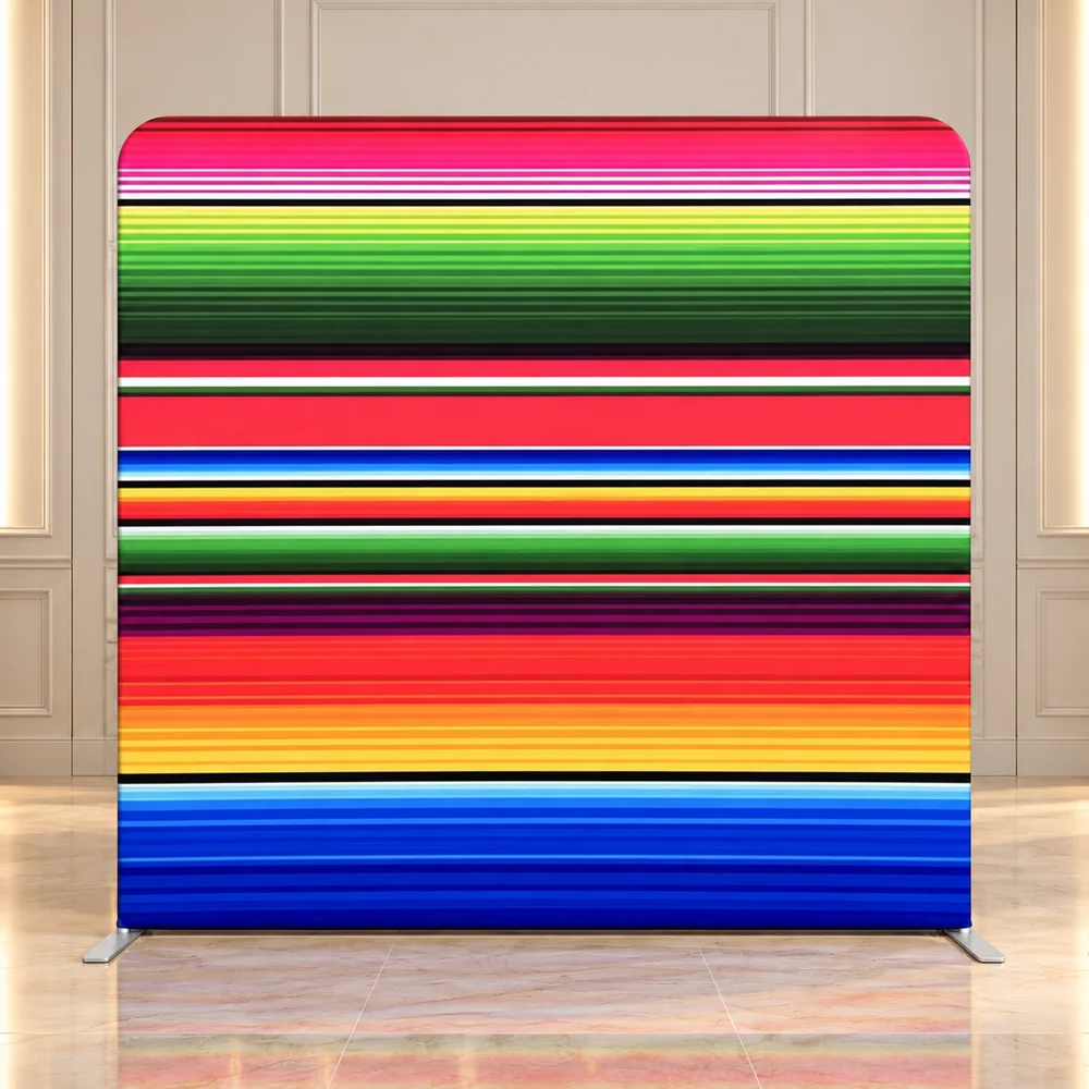 Fiesta Serape premium photo booth backdrop displayed in a luxury showroom