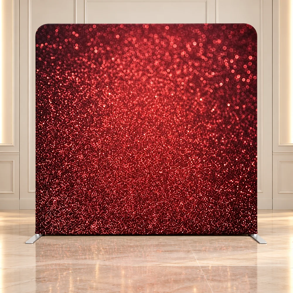 Gilded Red premium photo booth backdrop displayed in a luxury showroom