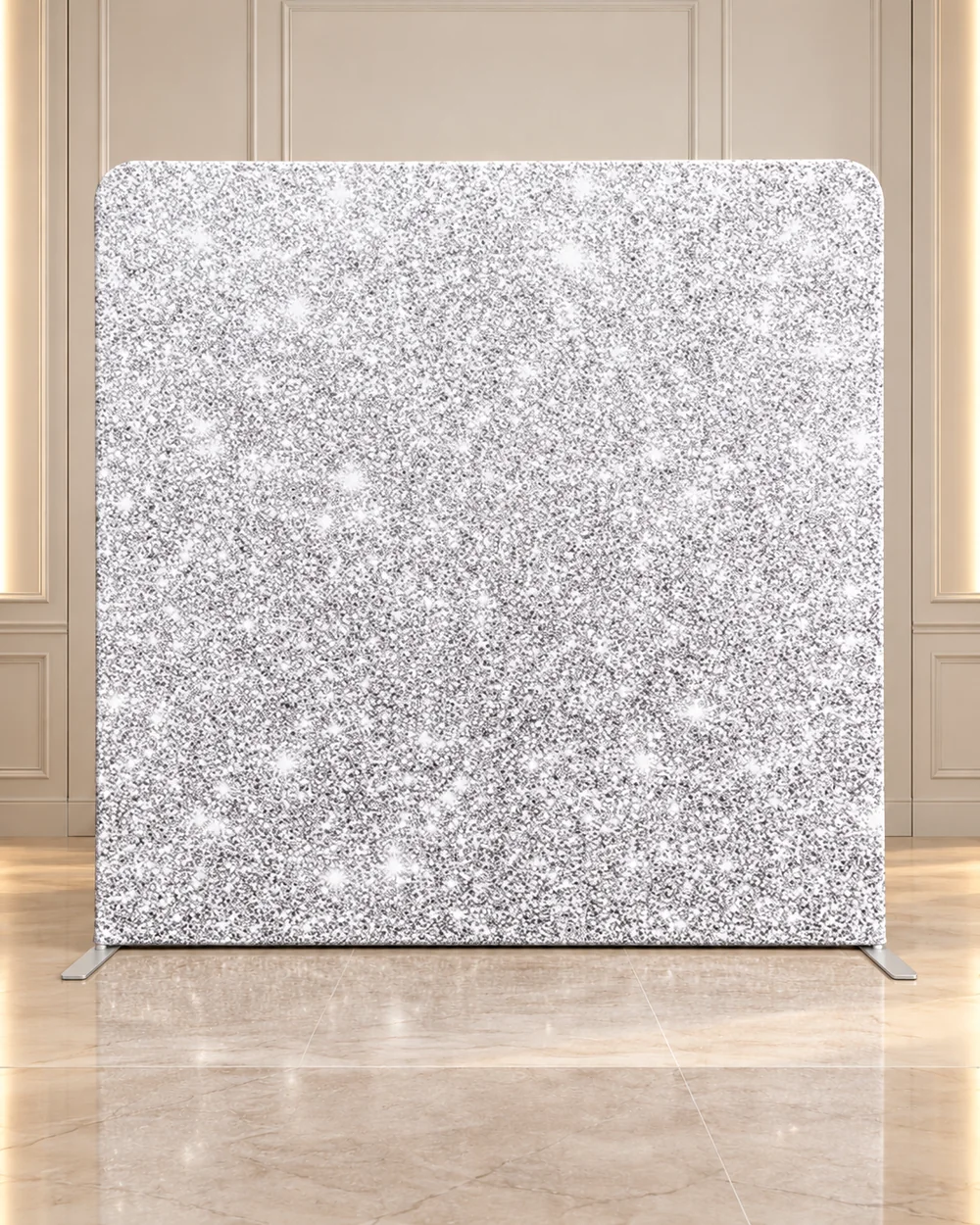 Gilded Silver premium photo booth backdrop displayed in a luxury showroom