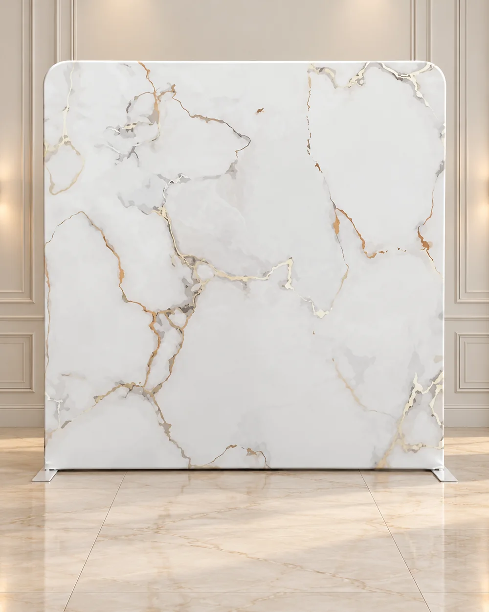 Ivory Vein premium photo booth backdrop displayed in a luxury showroom