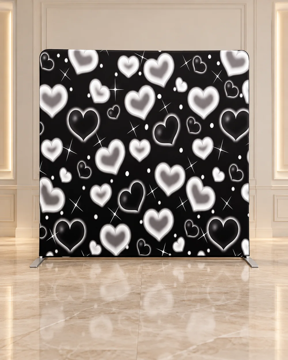 Monochrome Hearts premium photo booth backdrop displayed in a luxury showroom