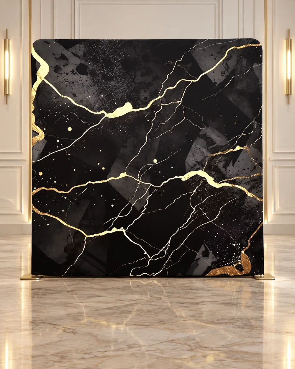 Onyx Vein premium photo booth backdrop displayed in a luxury showroom