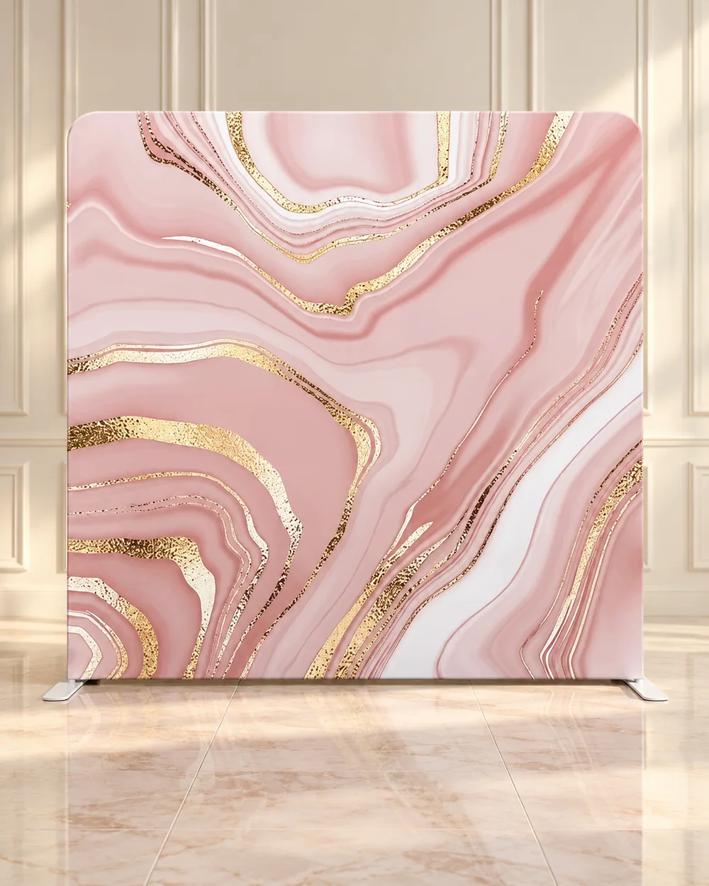 Rose Quartz premium photo booth backdrop displayed in a luxury showroom