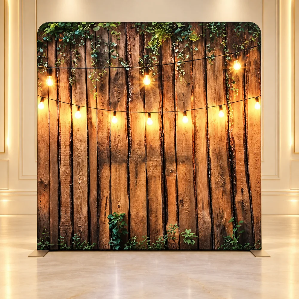 Rustic Glow premium photo booth backdrop displayed in a luxury showroom