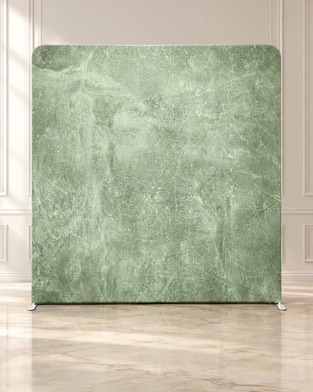 Sage Veil premium photo booth backdrop displayed in a luxury showroom