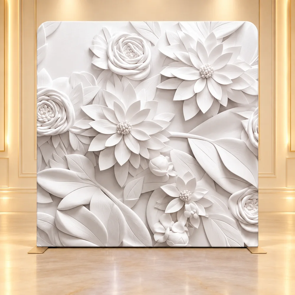 Sculpted Ivory premium photo booth backdrop displayed in a luxury showroom
