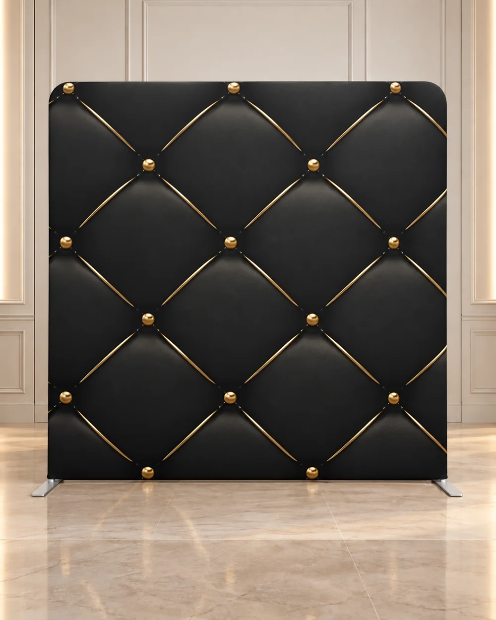 Tufted Noir premium photo booth backdrop displayed in a luxury showroom