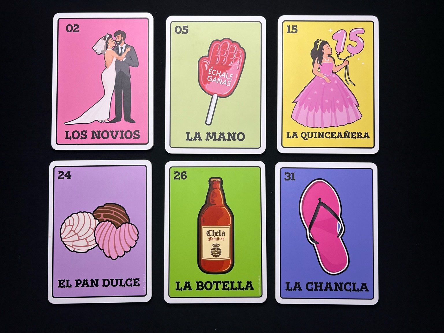 Lotería set (Los Novios, La Quinceañera, La Mano, La Botella, El Pan Dulce, La Chancla)