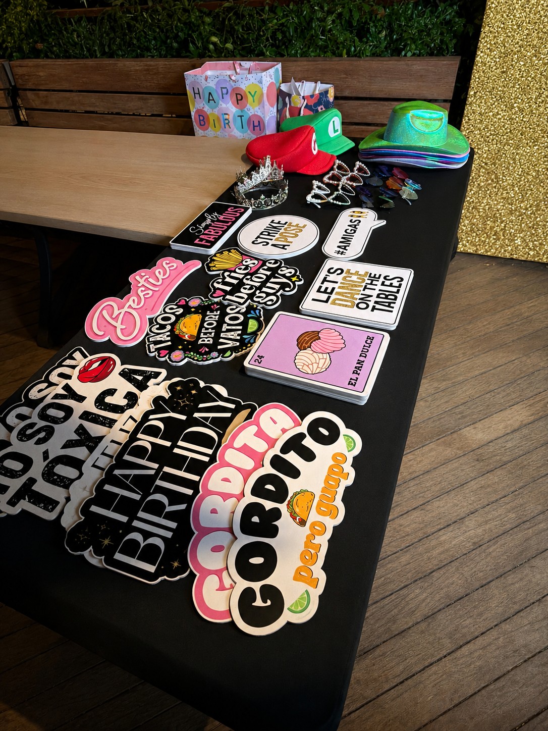 Curated props table for Jenn’s 50th Birthday photo booth in Burbank by Studio RDRGZ LA