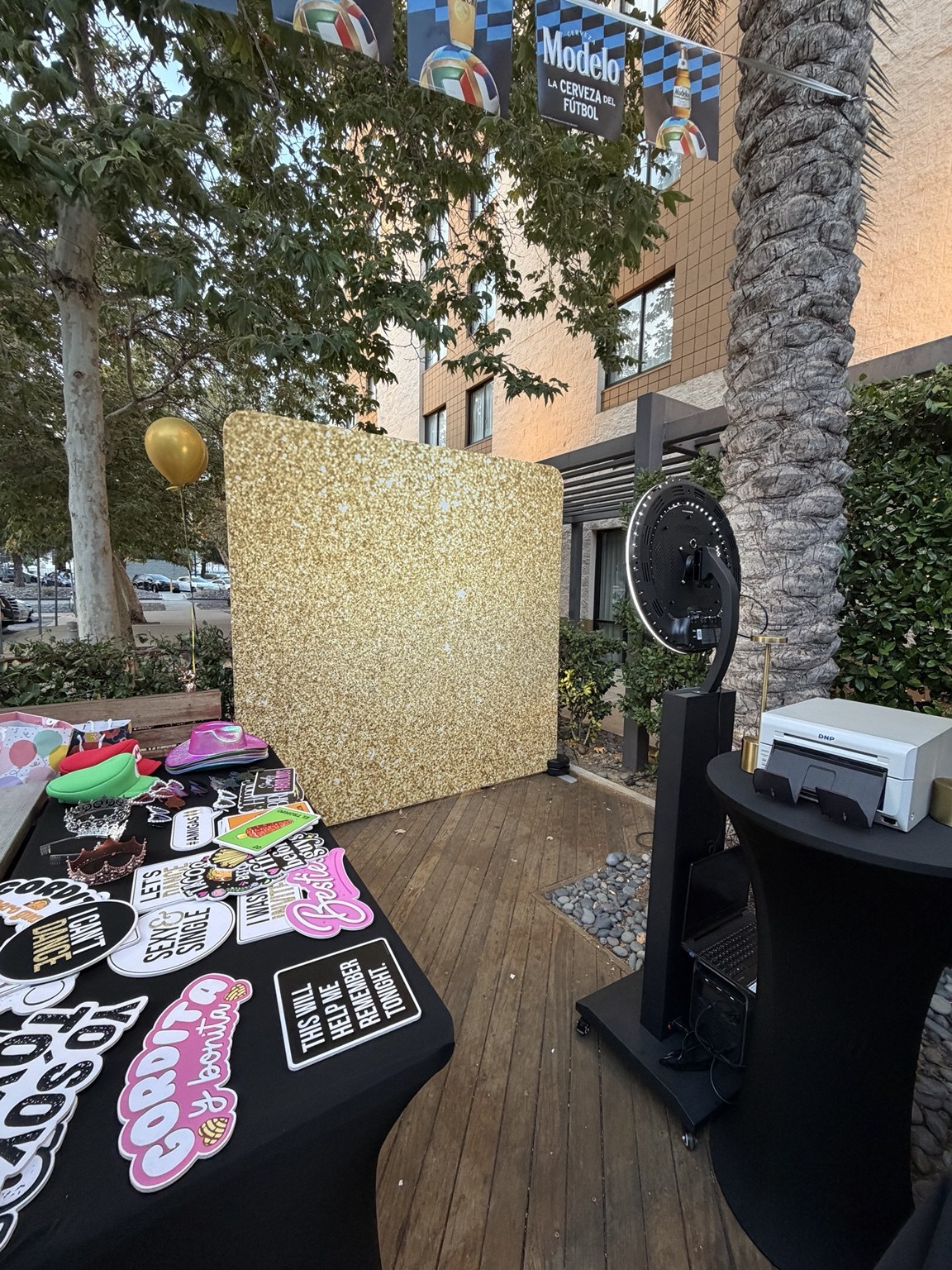 Jenn’s 50th Birthday gold shimmer backdrop and Classic Booth setup in Burbank by Studio RDRGZ LA